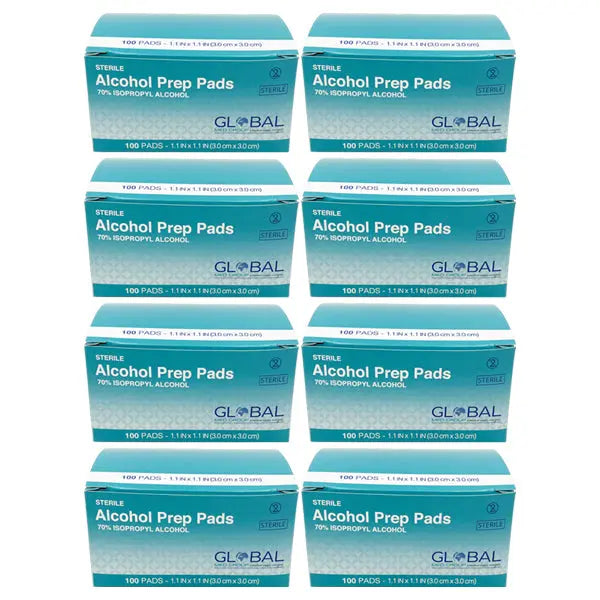 Eight packs of Global Med Group sterile alcohol prep pads, each with 100 antiseptic pads (70% isopropyl, 3x3cm), are stacked together—totaling 800 pads.